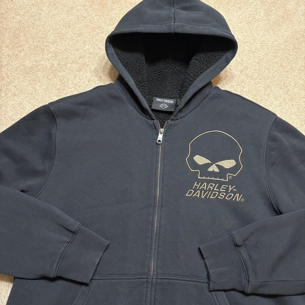 Harley-Davidson Hoodie Sweatshirt Mens Large Black Skull Sherpa Lined Full Zip